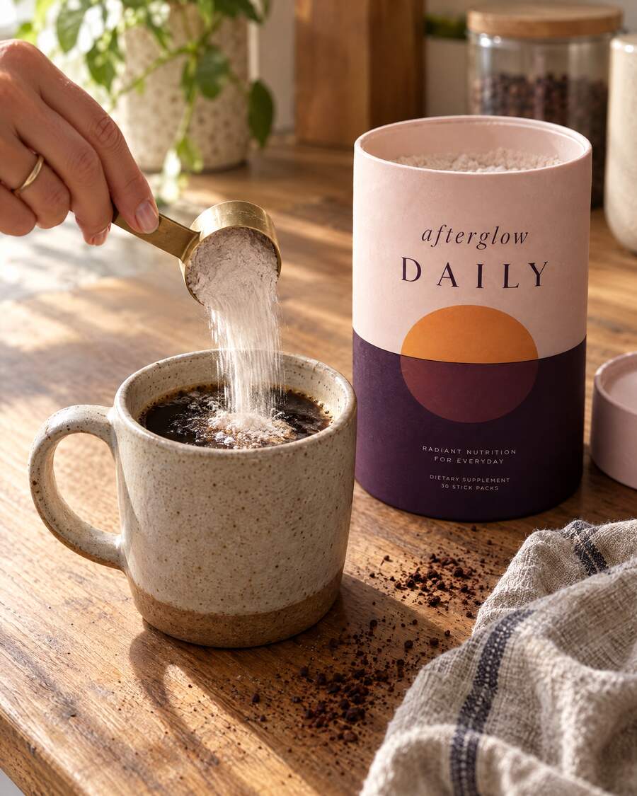 A scoop of Afterglow going into a mug of coffee