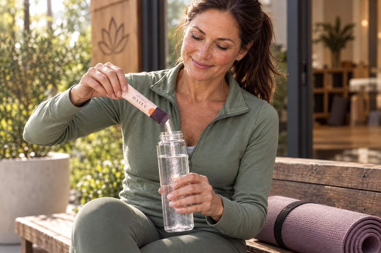 A woman tipping an Afterglow packet into her water bottle after yoga