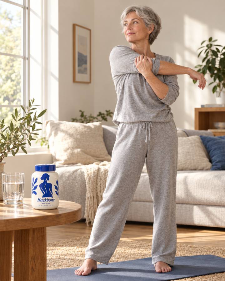 A woman stretching in her living room