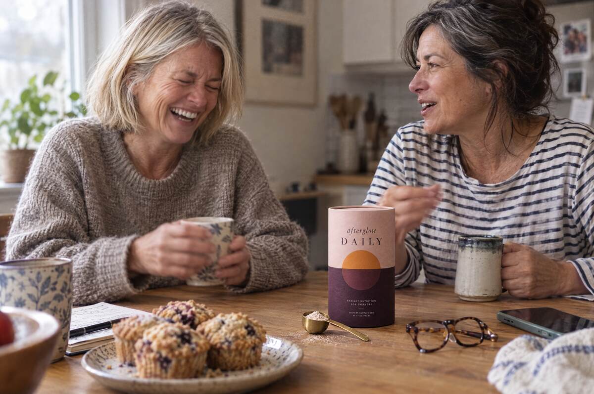 Two women laughing together over coffee at a kitchen table